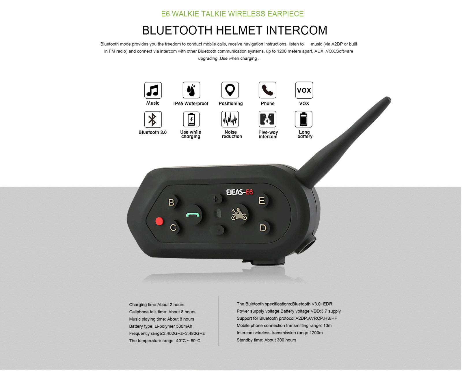 1200 M Helmet Bluetooth Interphone Walkie-Talkie Full Duplex Bluetooth Walkie-Talkie E6 1200 M Helmet Bluetooth Interphone Walkie-Talkie Full Duplex Bluetooth Walkie-Talkie E6