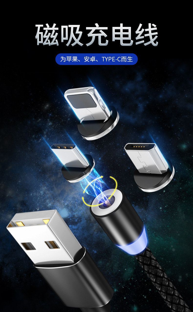 Popular Magnetic Sucker Data Cable Fast Charge USB ThreeinOne MultiFunction Phone Charger Android round Head Magnet Line