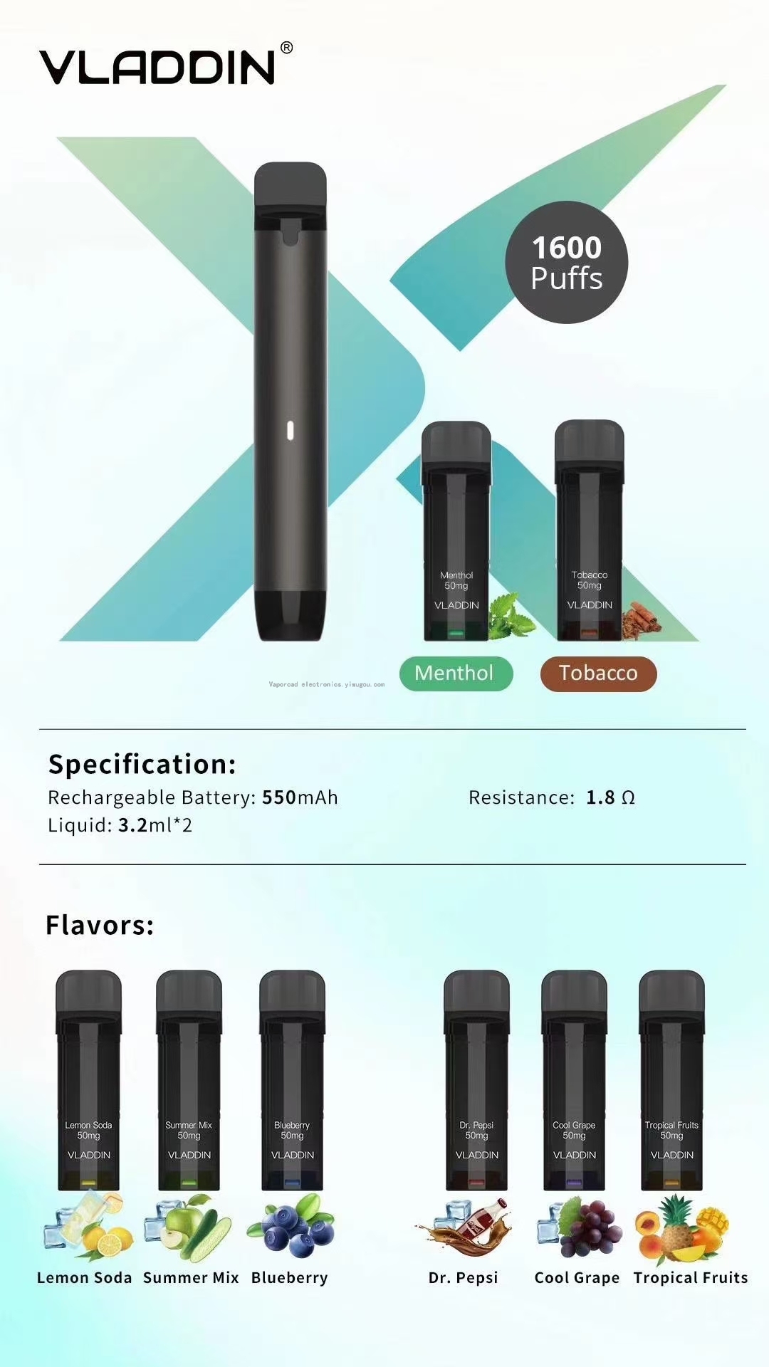 New Original Authentic Vladdinx Rechargeable Replaceable Cigarette Bomb Fruit FlavorDisposable Electronic Cigarette