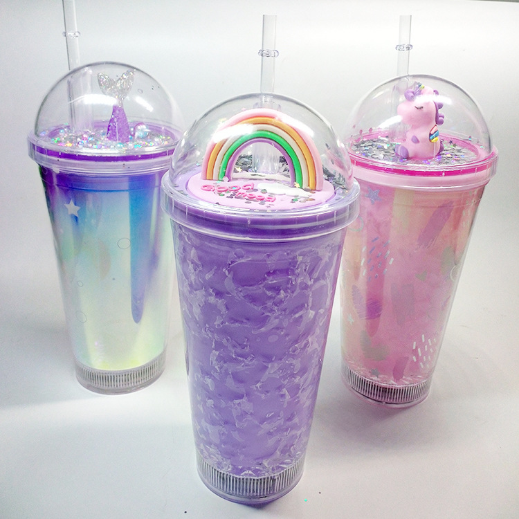 Luminous Cup Layer Magic Color Mermaid Cup with Straw Unicorn Cup with Straw 450ml Luminous Cup with Straw