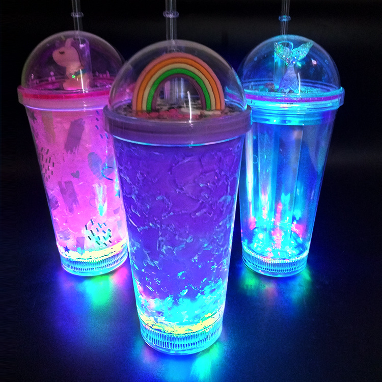 Luminous Cup Layer Magic Color Mermaid Cup with Straw Unicorn Cup with Straw 450ml Luminous Cup with Straw