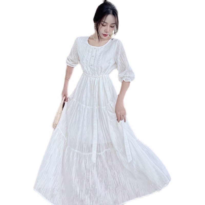 Jacquard Gold Line Human Fireworks White Temperament Long Dress Fairy Early Spring and Summer New Dress