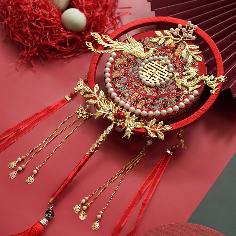 Factory Wholesale Handmade Double Circle Bride Circular Fan Finished Xiuhe Wedding Fan Handmade Salon DIY Seasoning Bag