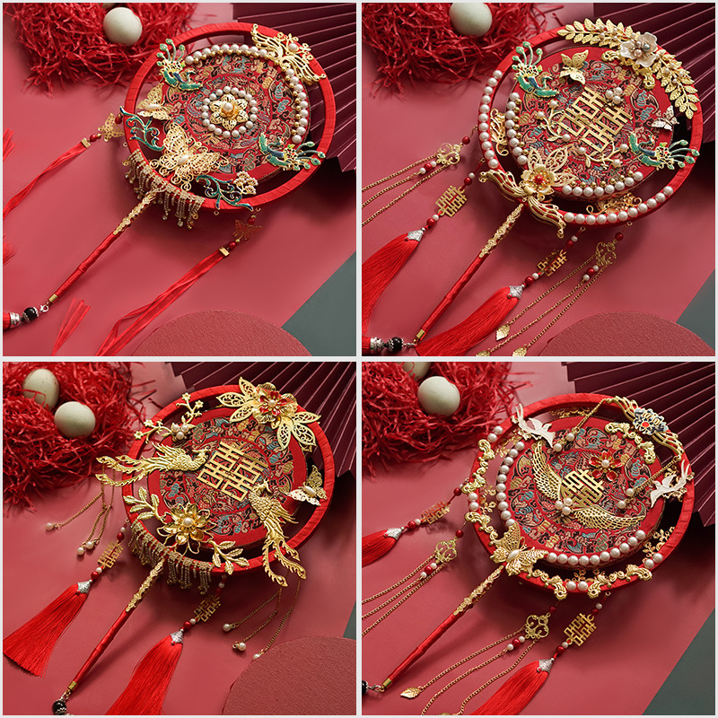 Factory Wholesale Handmade Double Circle Bride Circular Fan Finished Xiuhe Wedding Fan Handmade Salon DIY Seasoning Bag