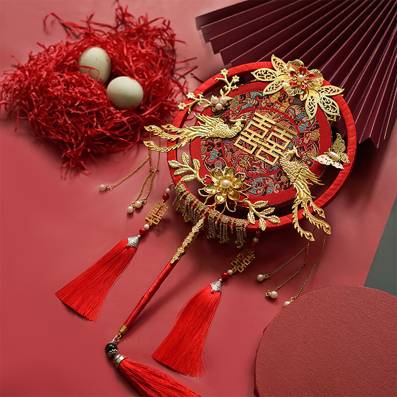 Factory Wholesale Handmade Double Circle Bride Circular Fan Finished Xiuhe Wedding Fan Handmade Salon DIY Seasoning Bag