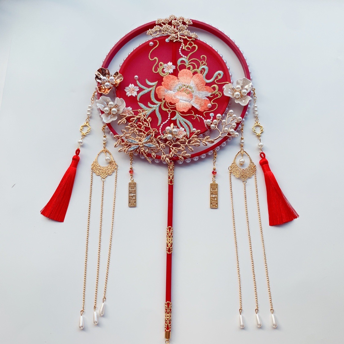 Wedding Fan Xiuhe Circular Fan Bride Wedding Tie Fan Red Antique Embroidery Finished DIY Hand Holding Fan