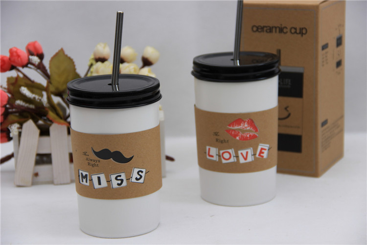 Korean Trend Straw lovers cup ceramic cup frosted Mug lips beard white milk glass
