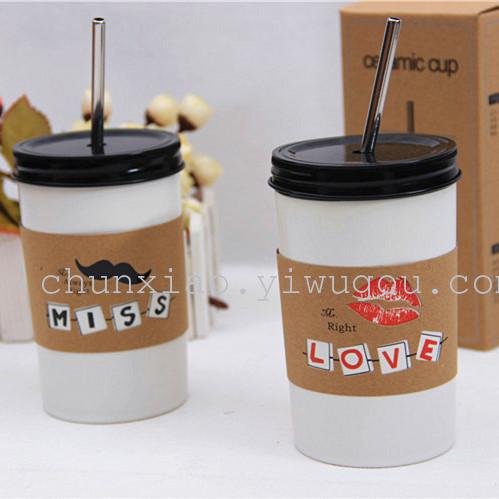Korean Trend Straw lovers cup ceramic cup frosted Mug lips beard white milk glass