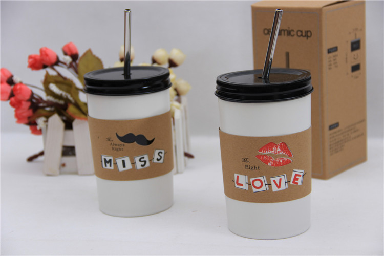 Korean Trend Straw lovers cup ceramic cup frosted Mug lips beard white milk glass