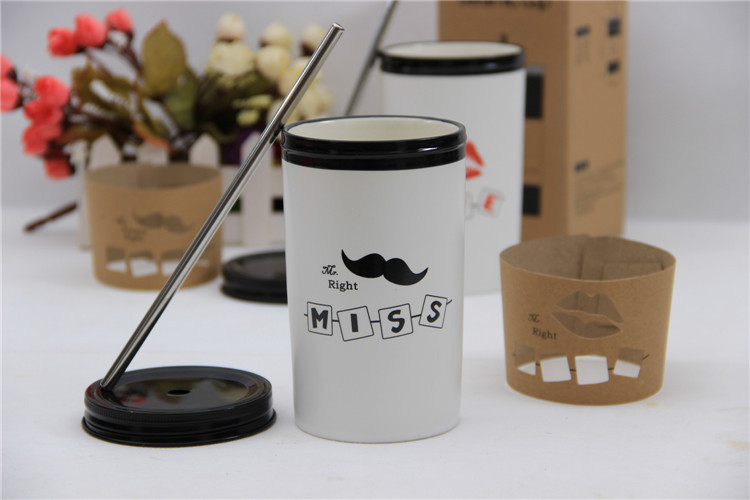 Korean Trend Straw lovers cup ceramic cup frosted Mug lips beard white milk glass