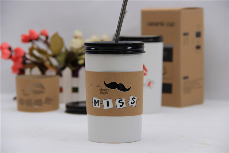 Korean Trend Straw lovers cup ceramic cup frosted Mug lips beard white milk glass