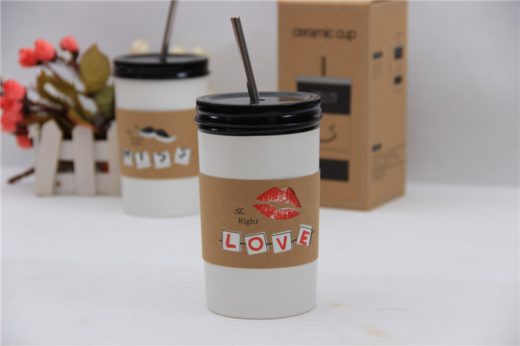 Korean Trend Straw lovers cup ceramic cup frosted Mug lips beard white milk glass