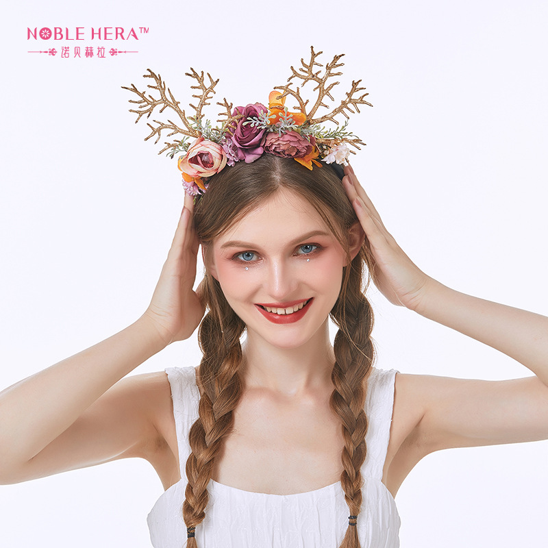 Style Antler Hairband Elk Christmas Easter Headdress Simulation Branch Flowers Adult and Children Catwalk Photography