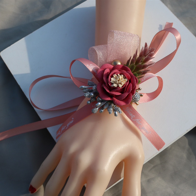 Handed Flower Wedding Couple Bride and Bridesmaid Sisters Group Chinese Rose Red Pink White Bracelet Wrist Flower