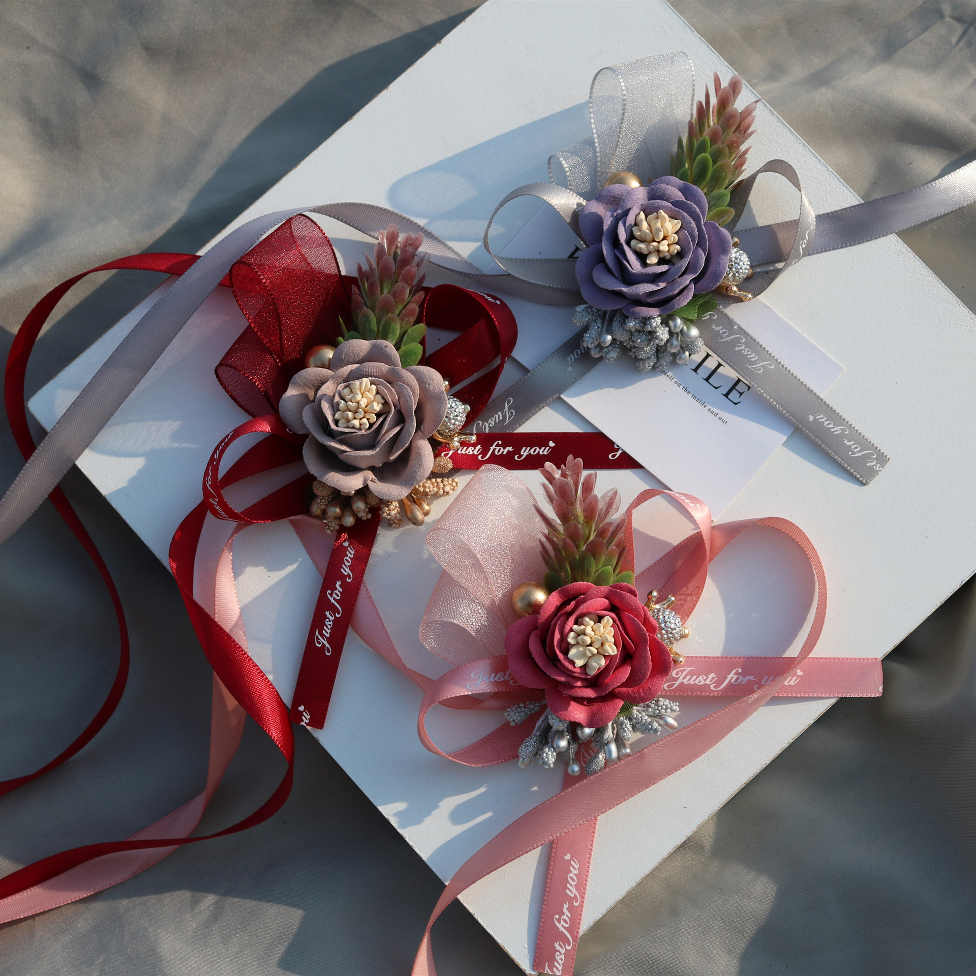 Handed Flower Wedding Couple Bride and Bridesmaid Sisters Group Chinese Rose Red Pink White Bracelet Wrist Flower