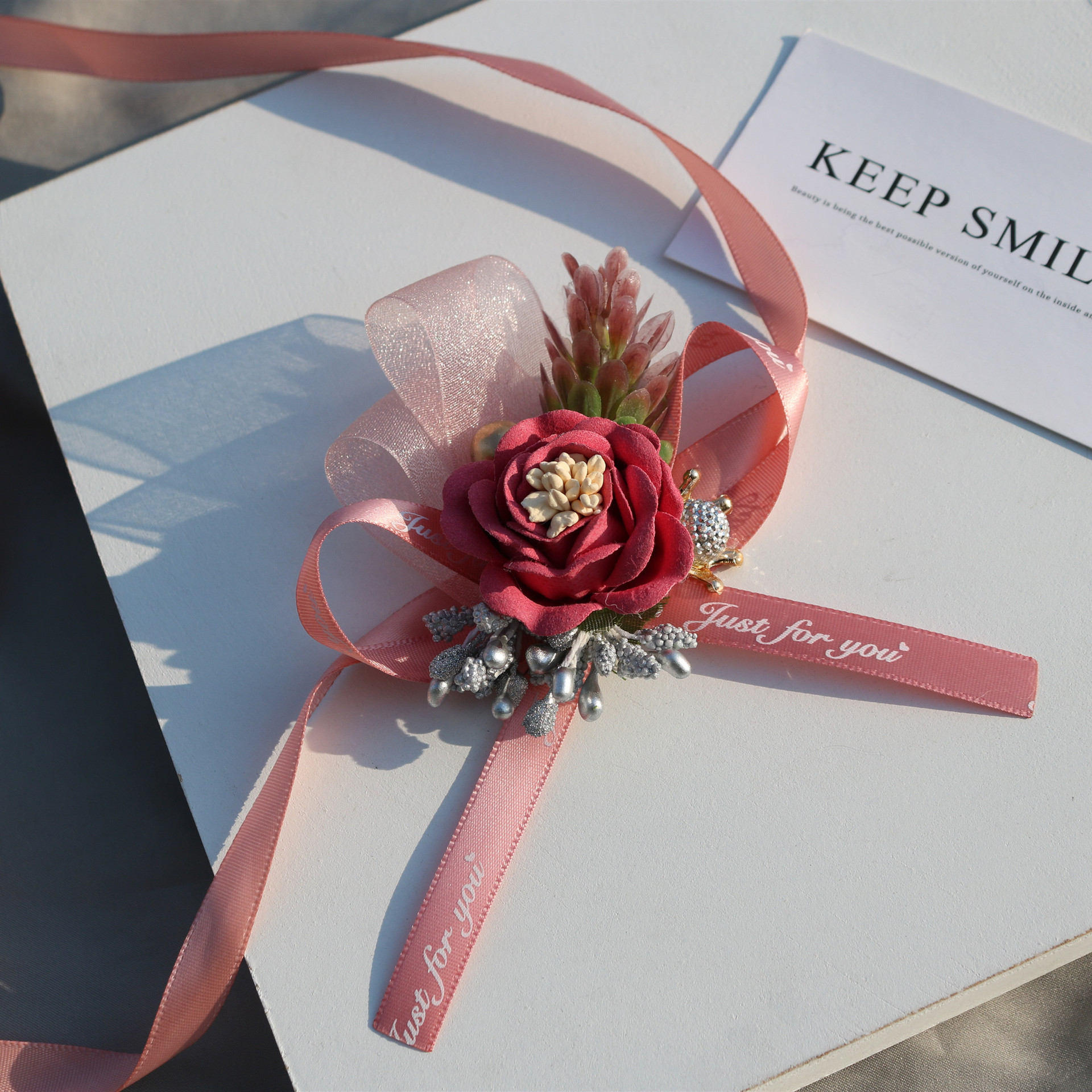 Handed Flower Wedding Couple Bride and Bridesmaid Sisters Group Chinese Rose Red Pink White Bracelet Wrist Flower
