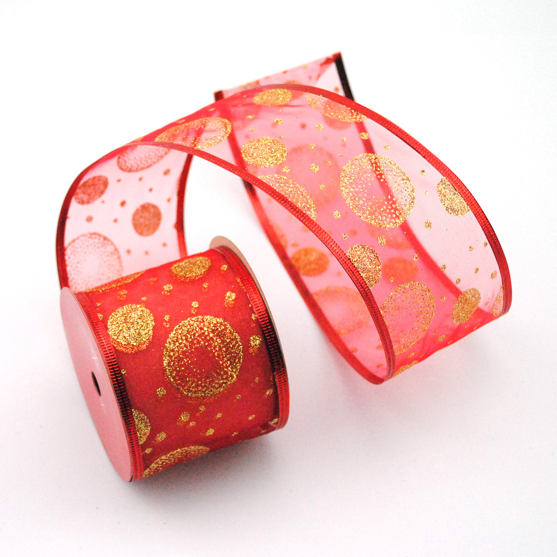 Yilong Da Christmas Ribbon Iron Wire Edge Glitter Gold Leaf Printed Organza Red and Green Color Ribbons
