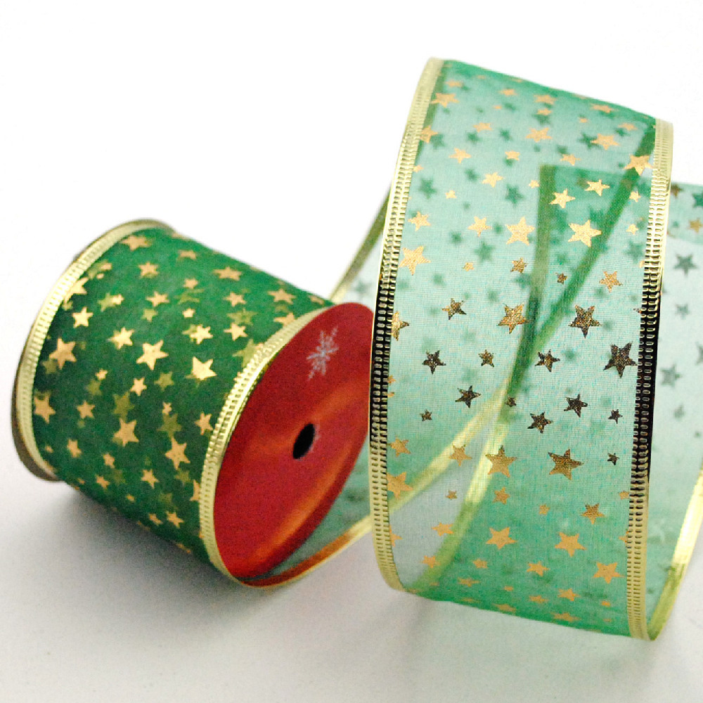 Yilong Da Christmas Ribbon Iron Wire Edge Glitter Gold Leaf Printed Organza Red and Green Color Ribbons Yilong Da Christmas Ribbon Iron Wire Edge Glitter Gold Leaf Printed Organza Red and Green Color Ribbons
