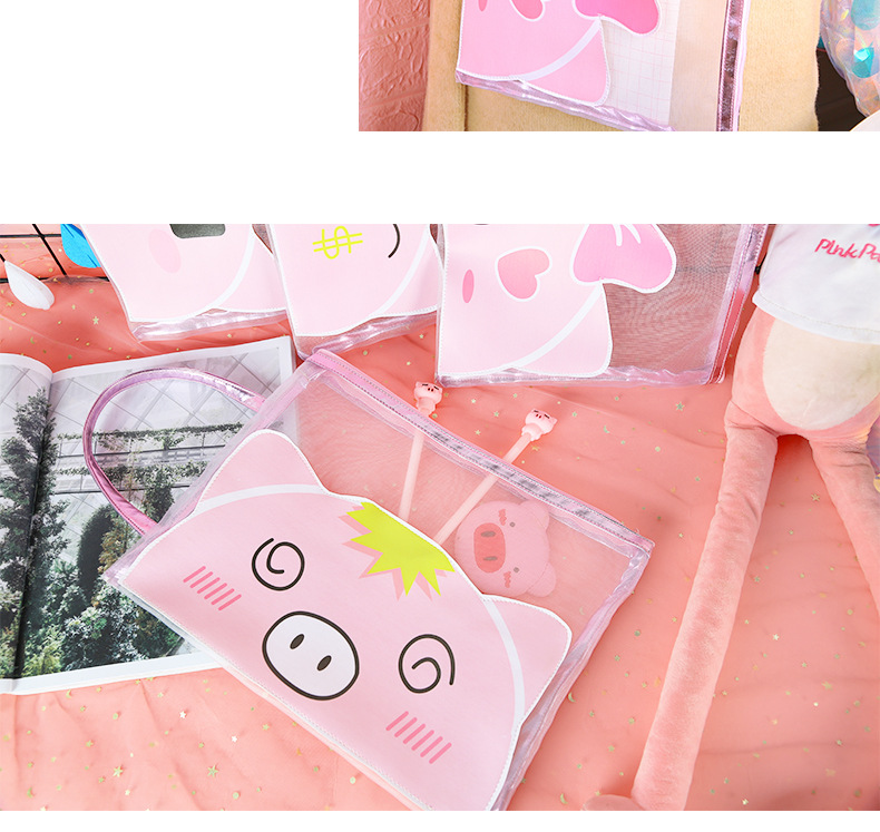 Korean edition, lovely pig gauze file bag zipper pen bag soft adorable students large capacity paper debris storage bag