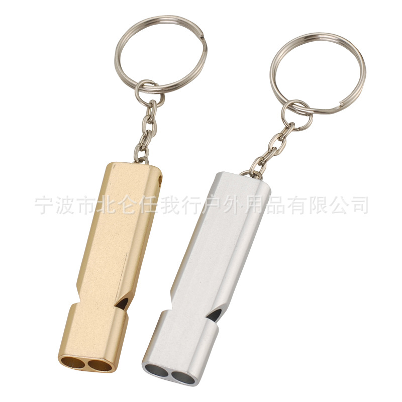 Amazon Hot Flat Metal Dual-Frequency Survival Whistle Double-Tube High-Frequency Metal Outdoor Survival Whistle