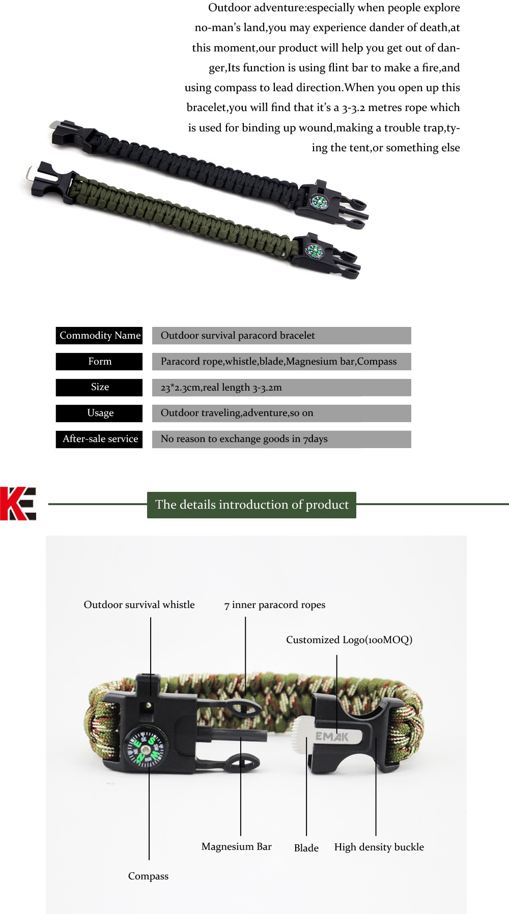 Camping Survival Carrying Strap Parachute Cord Bracelet Five-in-One Outdoor Compass Firestone Outdoor Survival Bracelet