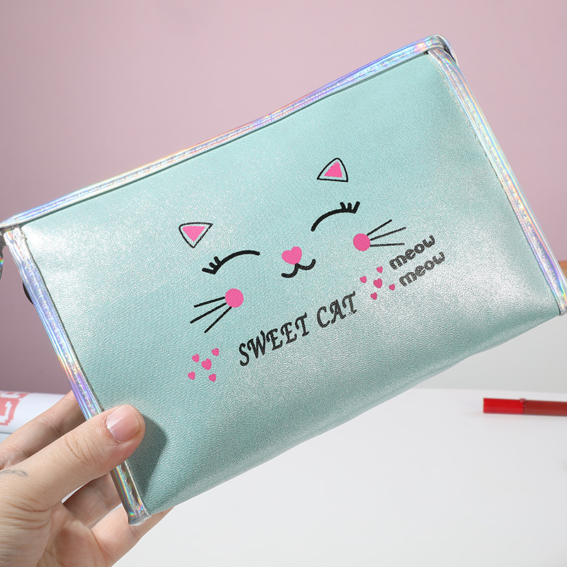 New PU Leather Waterproof Cosmetic Bag Cute Cat Q Version Portable Wash Bag Simple and Fresh Storage Bag