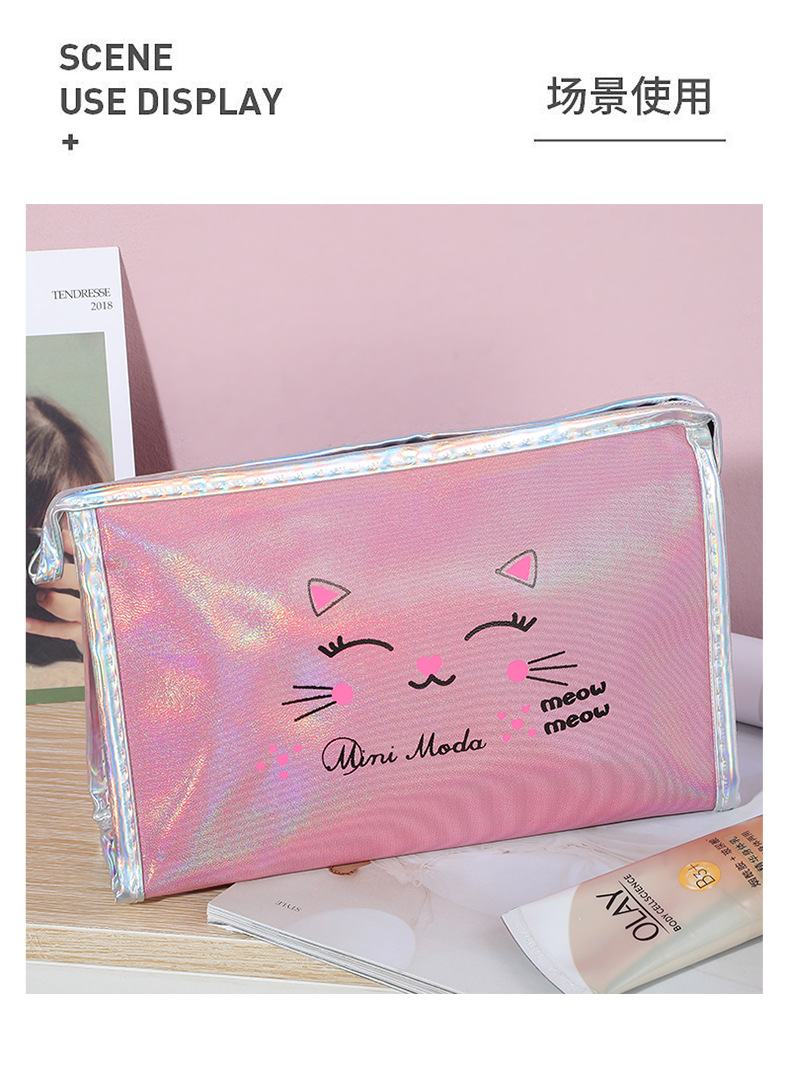 New PU Leather Waterproof Cosmetic Bag Cute Cat Q Version Portable Wash Bag Simple and Fresh Storage Bag