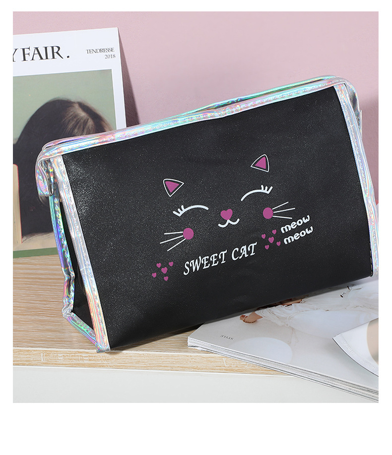 New PU Leather Waterproof Cosmetic Bag Cute Cat Q Version Portable Wash Bag Simple and Fresh Storage Bag