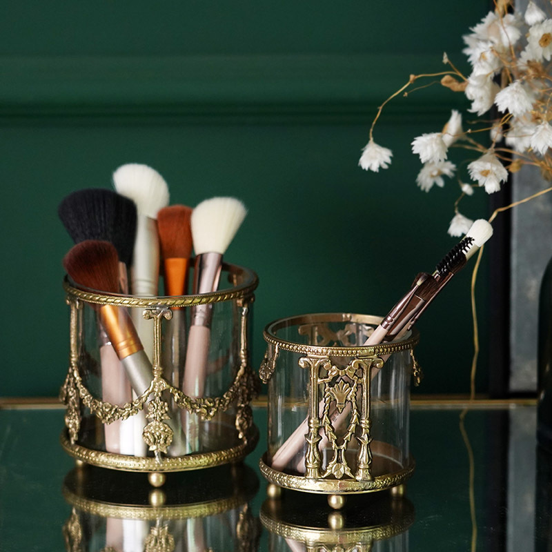 Fei Ling Home European Style Vintage Engraving Brass Glass Storage Bucket Makeup Brush Imported arts and crafts