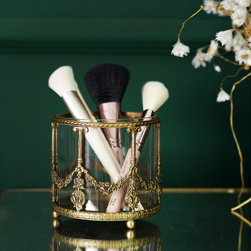 Fei Ling Home European Style Vintage Engraving Brass Glass Storage Bucket Makeup Brush Imported arts and crafts