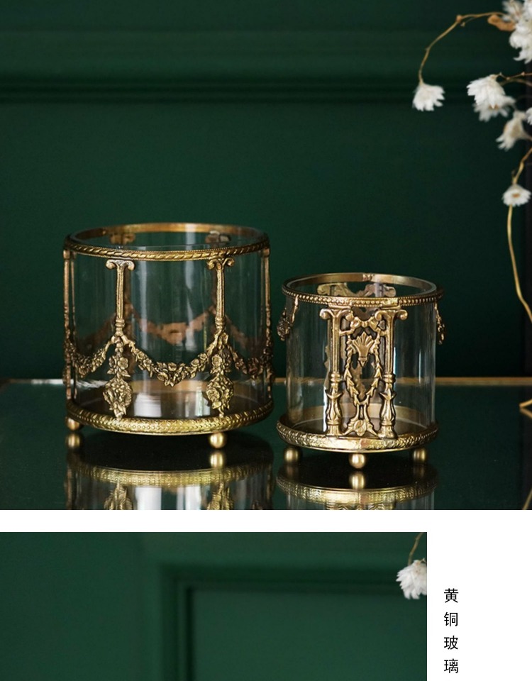 Fei Ling Home European Style Vintage Engraving Brass Glass Storage Bucket Makeup Brush Imported arts and crafts Fei Ling Home European Style Vintage Engraving Brass Glass Storage Bucket Makeup Brush Imported arts and crafts