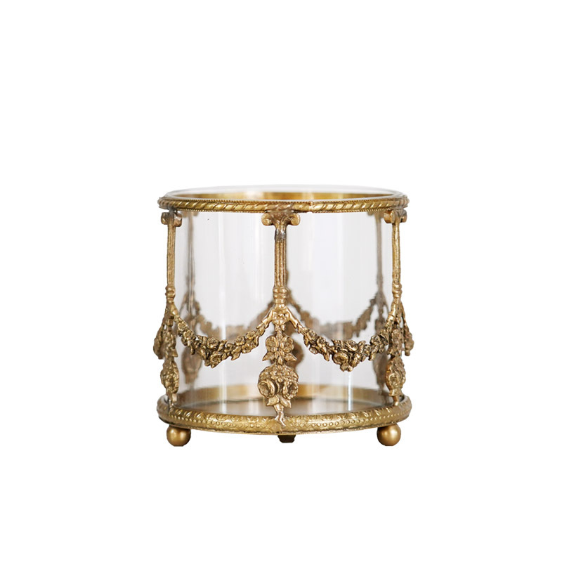 Fei Ling Home European Style Vintage Engraving Brass Glass Storage Bucket Makeup Brush Imported arts and crafts