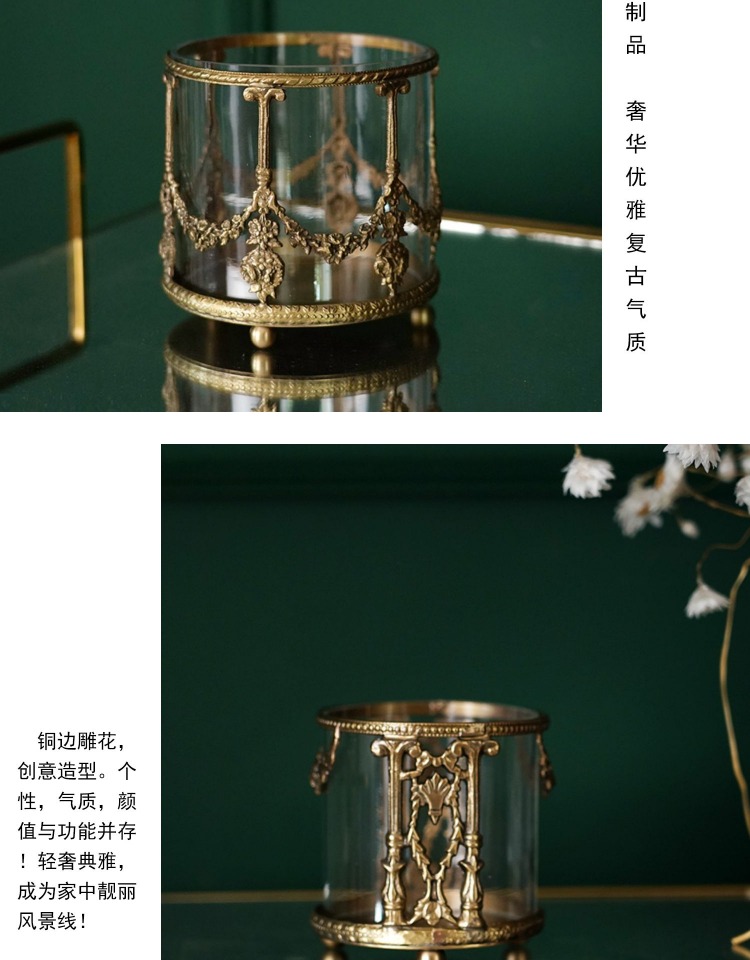 Fei Ling Home European Style Vintage Engraving Brass Glass Storage Bucket Makeup Brush Imported arts and crafts Fei Ling Home European Style Vintage Engraving Brass Glass Storage Bucket Makeup Brush Imported arts and crafts