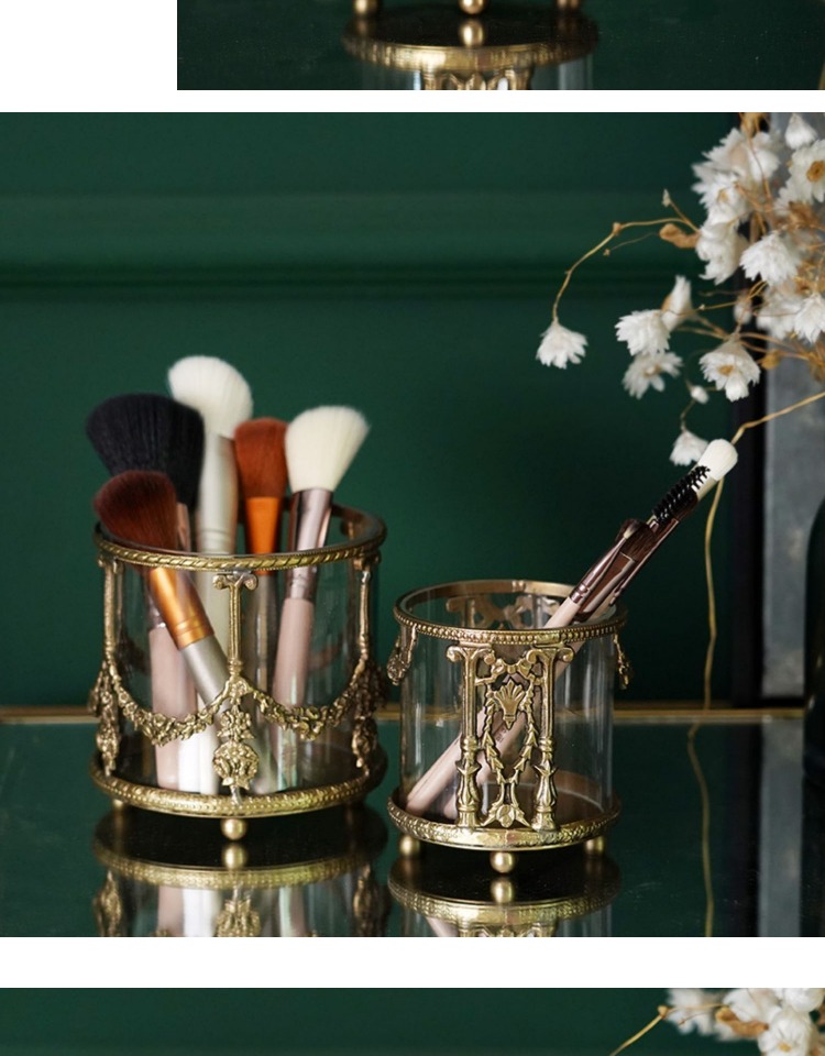 Fei Ling Home European Style Vintage Engraving Brass Glass Storage Bucket Makeup Brush Imported arts and crafts Fei Ling Home European Style Vintage Engraving Brass Glass Storage Bucket Makeup Brush Imported arts and crafts