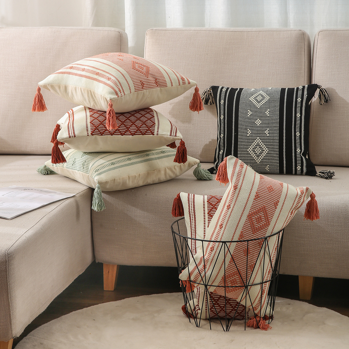 Pillow Amazon Home Ins Nordic Cut Flower Yarn-Dyed Woven Geometric Tassel Pillow Cover North America Cushion Cover
