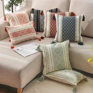 Pillow Amazon Home Ins Nordic Cut Flower Yarn-Dyed Woven Geometric Tassel Pillow Cover North America Cushion Cover