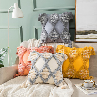 Pillow Amazon Home Ins Nordic Cut Flower Yarn-Dyed Woven Geometric Tassel Pillow Cover North America Cushion Cover