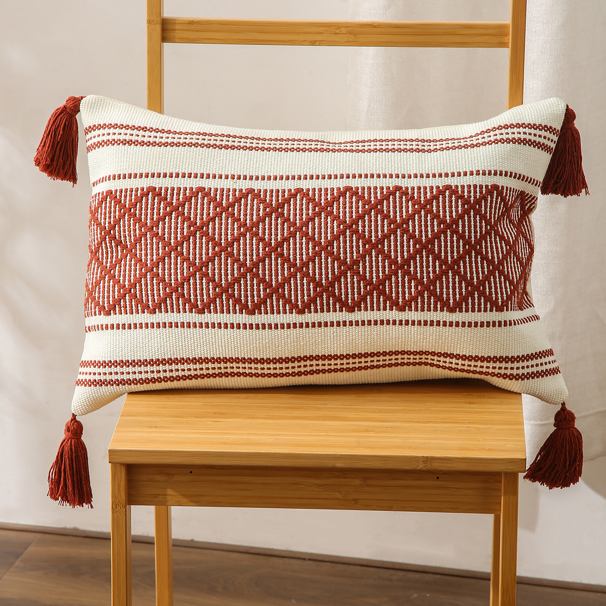Pillow Amazon Home Ins Nordic Cut Flower Yarn-Dyed Woven Geometric Tassel Pillow Cover North America Cushion Cover