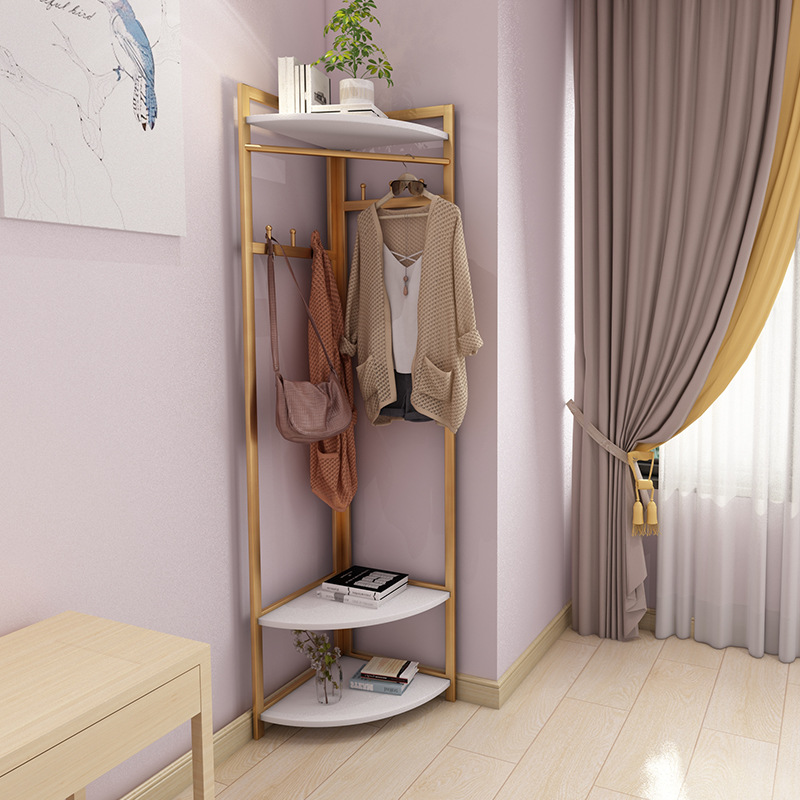 Nordic Iron Coat Rack Bedroom Floor Clothes Hanger Corner Clothes Rack Pannier Bag Simple Wooden Hanger Floor