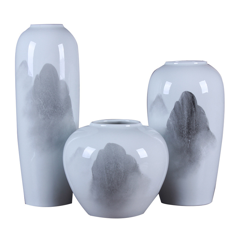 Jingdezhen Vase Ceramic Decoration Three-Piece Set White Chinese Ink Painting Landscape Porcelain craft