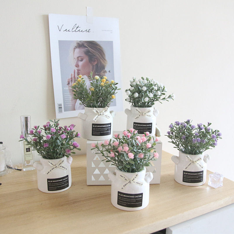 Starry Sky Milk Bottle Small  Artificial Flower Plant with Ceramic Se Artificial Flower Crafts Decoration Bow