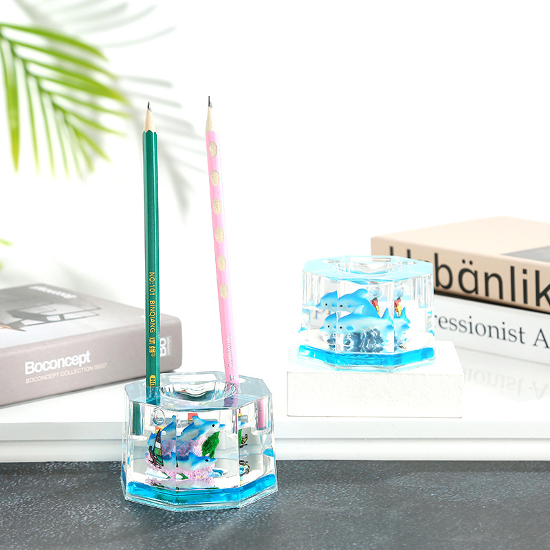 Creative Marine Animal Pen Holder Crystal Crafts Dolphin Oil Pyramid Penholder Student Gift Desktop Decoration