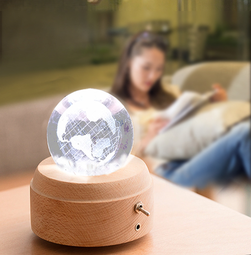 Creative Music Box Luminous Crystal Ball Music Box Rotating Wooden Base Wood crafts