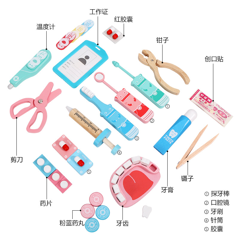 Wooden Children Play House Red Cloth Bag First-Aid Kit Medicine Box Toy Simulation Injection Dental Role Play