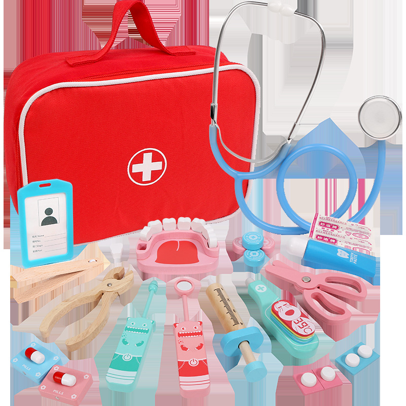 Wooden Children Play House Red Cloth Bag First-Aid Kit Medicine Box Toy Simulation Injection Dental Role Play