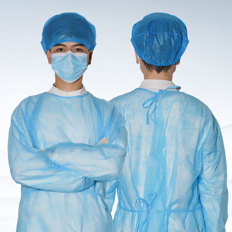 Disposable Protective Coveralls Bib Pp + PE/SMS Non-Woven Fabrics Surgical Gown Bib Threaded Cuff Factory Direct Sales