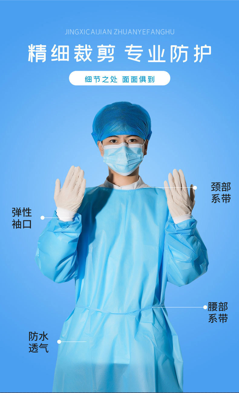 Disposable Protective Coveralls Bib Pp + PE/SMS Non-Woven Fabrics Surgical Gown Bib Threaded Cuff Factory Direct Sales