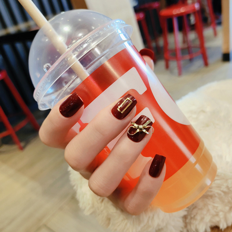 B170 Your Gift Red Bow Mid-Length Square Head Finished Nail Beauty Fake Nails Wear Nail Sticker Wholesale