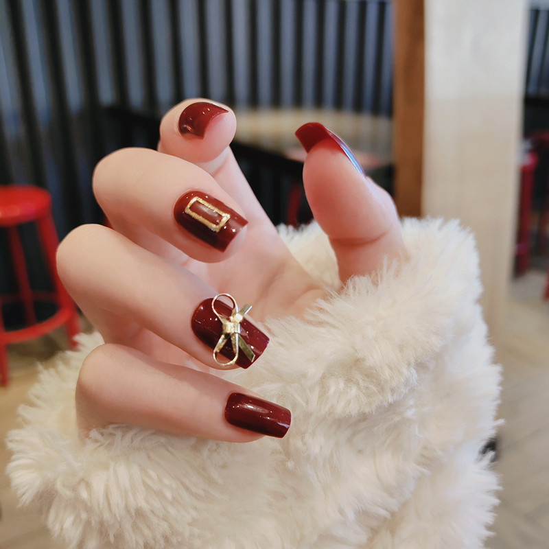 B170 Your Gift Red Bow Mid-Length Square Head Finished Nail Beauty Fake Nails Wear Nail Sticker Wholesale