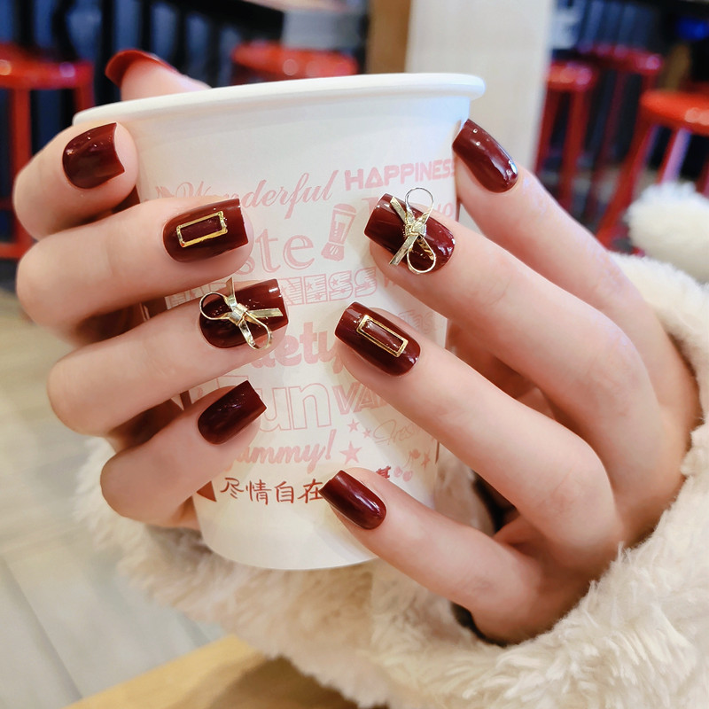 B170 Your Gift Red Bow Mid-Length Square Head Finished Nail Beauty Fake Nails Wear Nail Sticker Wholesale